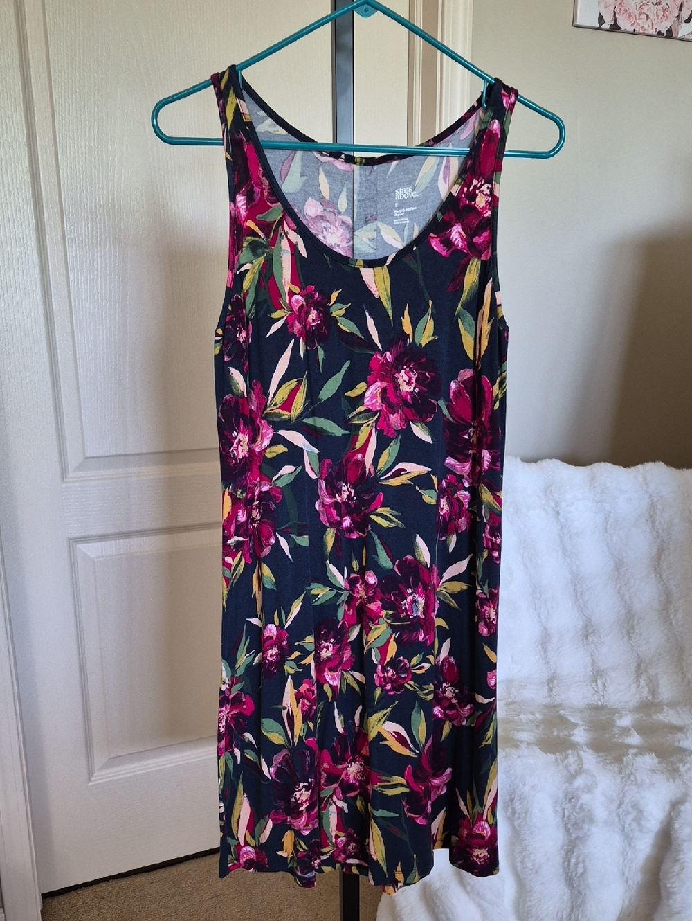 Navy Floral Sleeveless Tank Dress with Pink Blooms Size S